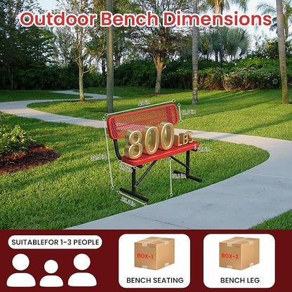 4ft Metal Park Bench with Back, Red Heavy-Duty Steel Outdoor Bench Dock Bench Weatherproof Long Bench Seats, Commercial Garden Benches for Lawn, Park, Deck, Garden, Patio, Porch, Easy Installation