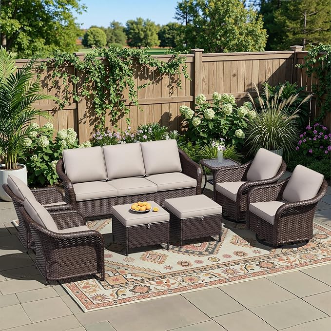 8 Piece Patio Wicker Conversation Set, All-Weather Use Outdoor Wicker Sofa with 2 PE Rattan Ottomans, 2 Chair - Photo 1