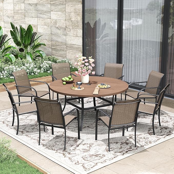Patio Dining Table for 6-8, Round Metal Outdoor Table with 1.57" Umbrella Hole, 53" Outdoor Slat Tabletop Dining Table for Backyard, Porch, Lawn, Walnut
