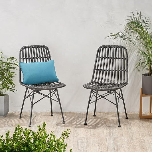 Christopher Knight Home Poppy Rattan Outdoor Dining Chairs Set of 2, Sturdy Metal Frame Patio Dining Chair Set for Backyard/Poolside, Slatted Armless Garden Chair, Sleek Open-Weave Design, Grey