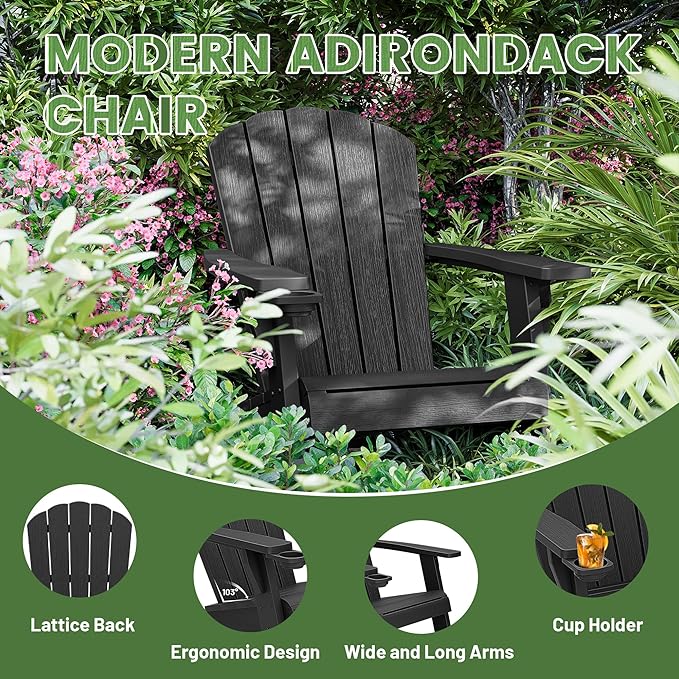 Outdoor Adirondack Chair,Black Wooden Textured Fire Pit Chairs,Plastic Patio Chair,Modern Heavy All-Weather Adirondack Lawn Chairs,Backyard Patio Lawn Poolside Fire Pit