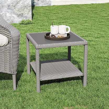 C-Hopetree Small Outdoor Coffee Side End Table for Outside Patio Storage, Gray All Weather Wicker with Glass Top, Square