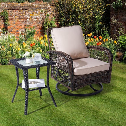 Henf Wicker Rattan Side Table Outdoor Square End Table Coffee Table with Glass Top, Patio Wicker Garden Side Table Small End Table with Storage for Patio Courtyard Balcony, Black-style B
