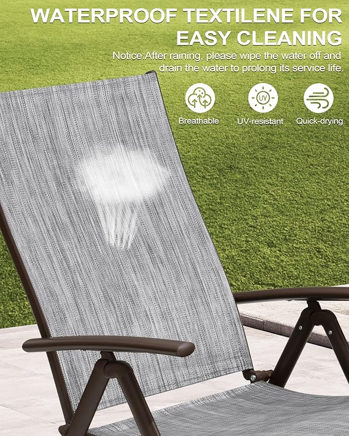 Crestlive Products Chaise Lounge Chair Outdoor Set of 2, Aluminum Folding Patio Recliner Chair, Adjustable 8 Positions Assemble-Free Perfect for Beach, Yard, Pool, Deck