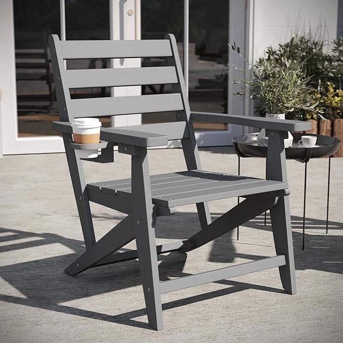 Flash Furniture Tolleson Adirondack Dining Chair with Cup Holder, Commercial Weather Resistant Recycled HDPE Adirondack Chair, Fold Out Cupholder, Gray
