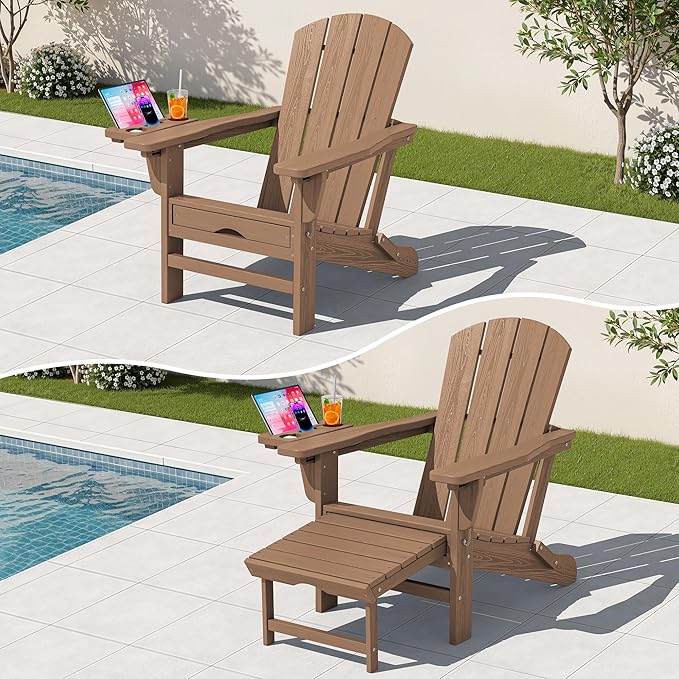 KINGYES Adjustable Folding Adirondack Chair with Footrest & 4-in-1 Multi-Functional Armrest Organizer, HDPE Recliner Adirondack Chair with Pull-Out Ottoman, Brown