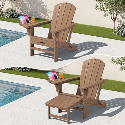 KINGYES Adjustable Folding Adirondack Chair with Footrest & 4-in-1 Multi-Functional Armrest Organizer, HDPE Recliner Adirondack Chair with Pull-Out Ottoman, Brown