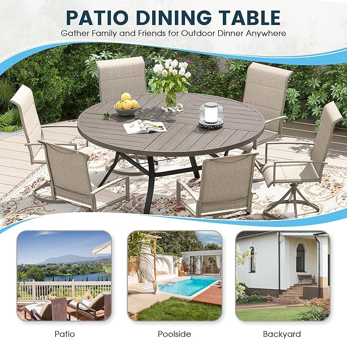 Patio Dining Table for 6-8, Round Metal Outdoor Table with Storage Shelf, 1.57" Umbrella Hole, 53" Outdoor Quartered Tabletop Dining Table for Backyard, Porch, Lawn, Grey