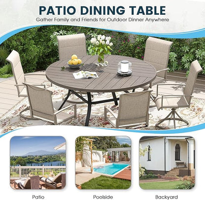 Patio Dining Table for 6-8, Round Metal Outdoor Table with Storage Shelf, 1.57" Umbrella Hole, 53" Outdoor Quartered Tabletop Dining Table for Backyard, Porch, Lawn, Grey