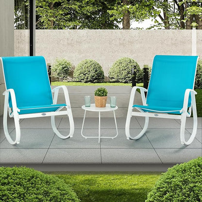 Kozyard Outdoor Patio Rocking Sling Chair, Powder Coated Aluminum Frame, Weather Resistant and Breathable Mesh Fabric for Patio, Porch, Yard, Garden (Blue, 2Chairs + Table)