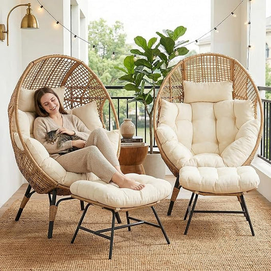 NICESOUL® 2 Person Wicker Stationary Egg Chair Indoor Outdoor Egg Basket Lounge Chair Oversized Thick Cushions Egg Seat,440lbs Egg Nest Chair with Ottoman, Boho Chairs in Pair Beige