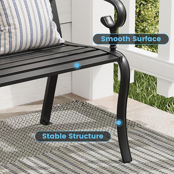 Outdoor Bench, 50 inches Metal Garden Bench, Cast Iron Steel Frame Patio Chairs w/Twist Circle Pattern Backrest for Park, Yard, Porch, Lawn, Balcony, Backyard, Black