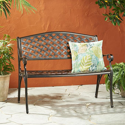 Merax Outdoor Garden Bench 41" Cast Aluminium Bench for 2 Person Seat with Backrest Armrests, Antique Copper Finish Mesh Pattern Patio Bench for Lawn Yard Porch Park Path Deck