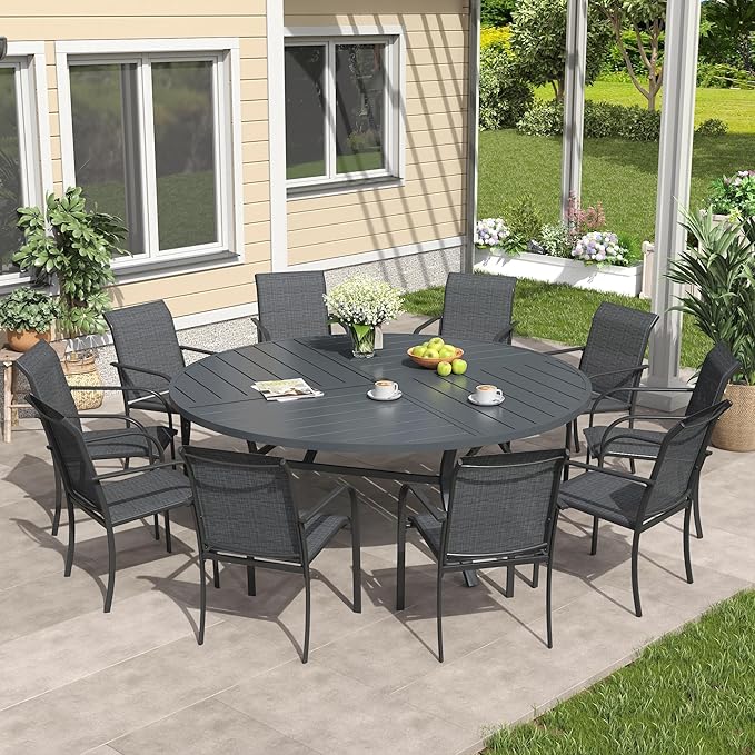 VICLLAX 63" Round Patio Dining Table for 8-10, All Weather Metal Outdoor Table with 1.57" Umbrella Hole and Surdy Frame for Garden Lawn Deck, Dark Grey