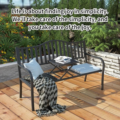 YLGJ&TIDY 50 Inches Garden Benches for Outdoor Patio Bench with Stripe Pattern Backrest Armrest Weatherproof Park Benches Metal Bench for Garden Park Porch Lawn Yard (BENCH04)