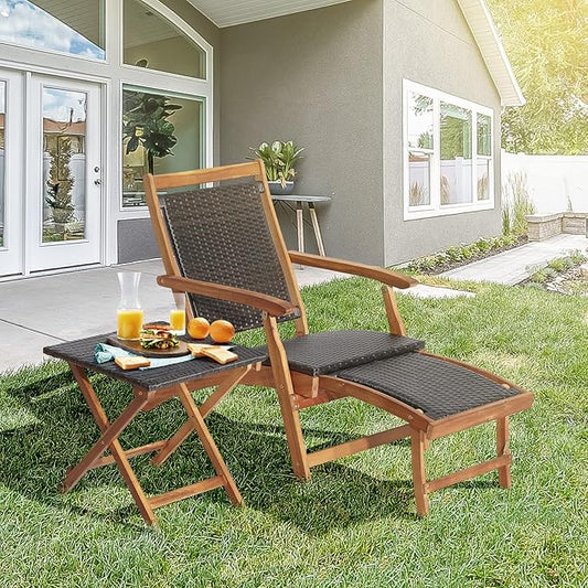 RELAX4LIFE Patio Lounge Chair Set - Outdoor Acacia Wood Chaise Lounge w/Side Table, Armrest & Retractable Ottoman, Rattan Seat, Tabletop, Quick Folding Sunbathing Chair for Backyard, Poolside (1)