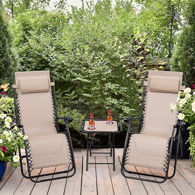 Goplus Zero Gravity Chair Set, 3 Pieces Outdoor Lounge Chair Recliners w/Side Table, Headrest and Cup Holders - Photo 9