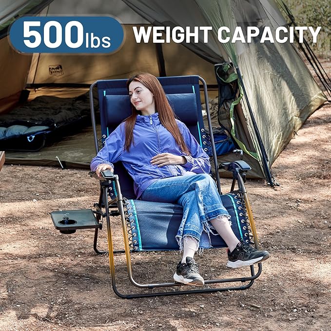 Timber Ridge Oversized Zero Gravity Chair, 33In Wide XXL Zero Gravity Reclining Chair with Side Table, Full Padded Lounge Chair for Outdoor Camping Patio Lawn, Heavy Duty Supports 500lbs, Blue-1 Pack