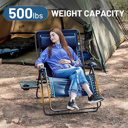 Timber Ridge Oversized Zero Gravity Chair, 33In Wide XXL Zero Gravity Reclining Chair with Side Table, Full Padded Lounge Chair for Outdoor Camping Patio Lawn, Heavy Duty Supports 500lbs, Blue-2 Pack
