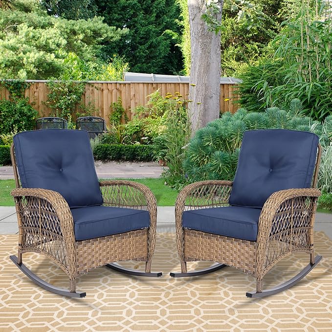 Outdoor Wicker Rocking Chair with Thickened Cushions, All-Weather Rattan Patio Rocking Chairs - Photo 1