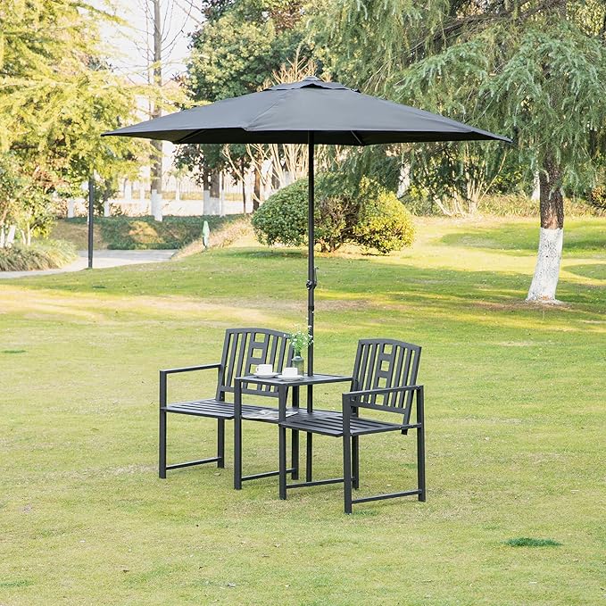 Outsunny Metal Garden Bench with Middle Table and Umbrella Hole, 2-in-1 Double Patio Chairs, Outdoor 2-Person Tete-a-Tete, Slatted, Black