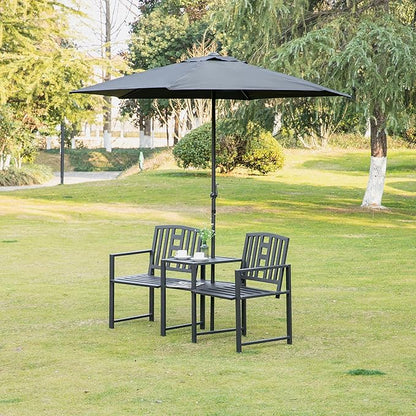 Outsunny Metal Garden Bench with Middle Table and Umbrella Hole, 2-in-1 Double Patio Chairs, Outdoor 2-Person Tete-a-Tete, Slatted, Black