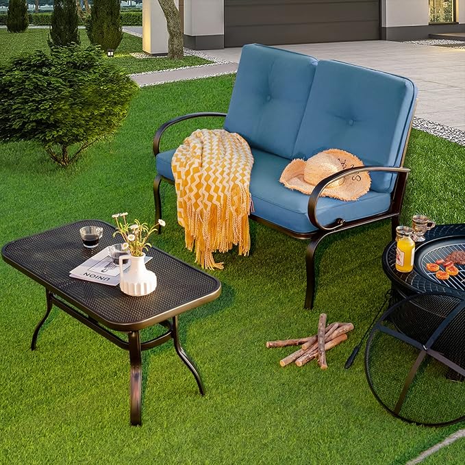 Giantex Patio Loveseat with Coffee Table Outdoor Bench with Cushion and Metal Frame, Loveseat Porch Furniture Set Sofa for Garden, Yard, Patio or Poolside (Navy & Black)