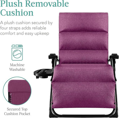 Best Choice Products Oversized Zero Gravity Chair, Folding Outdoor Patio Recliner, XL Anti Gravity Lounger w/Removable Cushion, Cup Holder, Side Tray, 350lb Capacity - Amethyst Purple