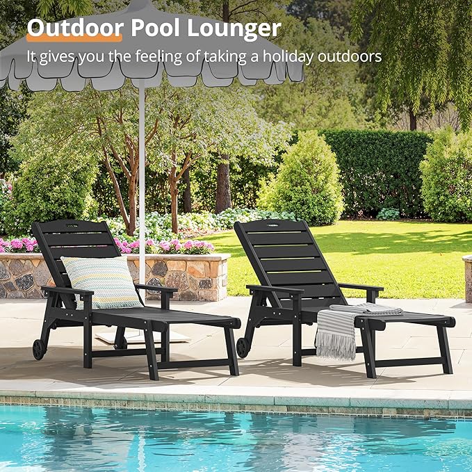 LUE BONA Chaise Lounge Chair with Table, 6-Piece, HDPS Chaise Lounger, 5 Positions Adjustable Lounge Chairs, Pool Lounge Chair with Wheels for Poolside, Backyard, Black