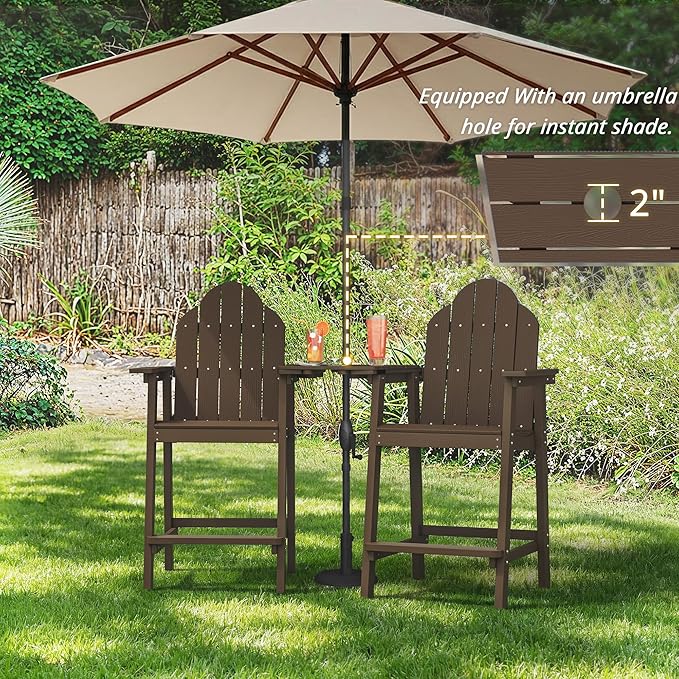 LUE BONA Tall Adirondack Chair Set of 2, All Weather HDPS Bar Height Adirondack Chair with Detachable Table & Umbrella Hole, Adirondack Barstools for Patio, Deck, Backyard & Commercial Use Dark Brown
