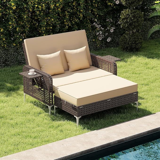 Tangkula Patio Rattan Daybed with 4-Level Adjustable Backrest, Boho Outdoor Wicker Loveseat & Storage Ottoman with Cushion, 2-Person Sun Lounger with Folding Tables for Poolside, Backyard & Garden
