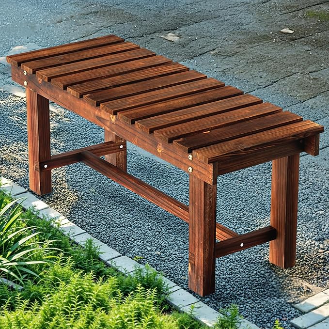 35.5" Outdoor Garden Bench, Weatherproof Patio Benches 2-Person Seat Backless Wooden Porch Bench - Photo 1