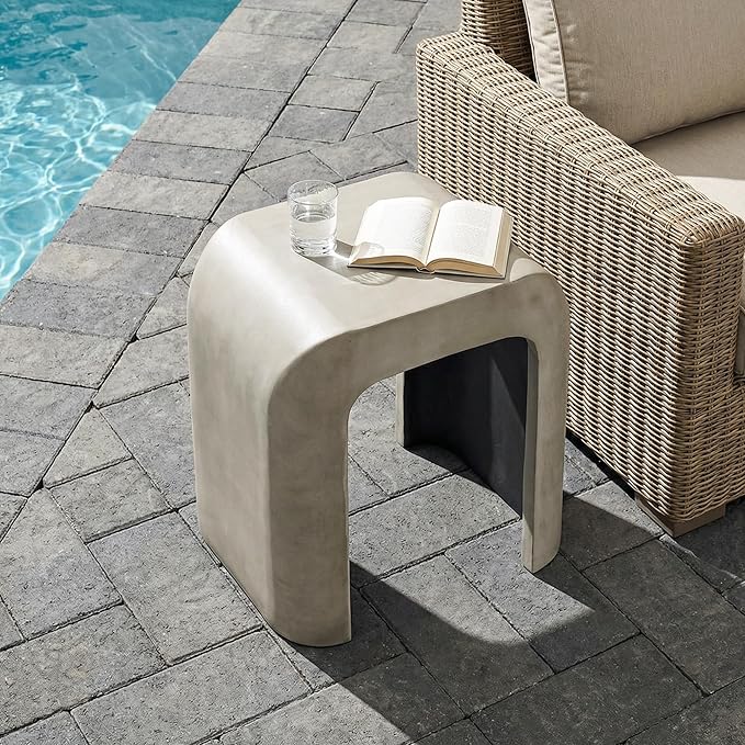 HOMPUS Outdoor Side Table w U-Shaped, Concrete Side Table Lightweight, Round Patio MgO Coffee End Table, Modern Accent Vintage Garden Stand for Indoor Outdoor Use, Grey