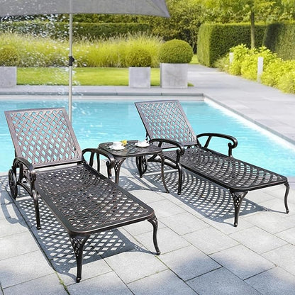Chaise Lounges Outdoor - Lounge Chairs for Outside Set of 3 Pool Tanning Chair Adjustable Patio Reclining Cast Aluminum for Beach Yard, Antique Bronze