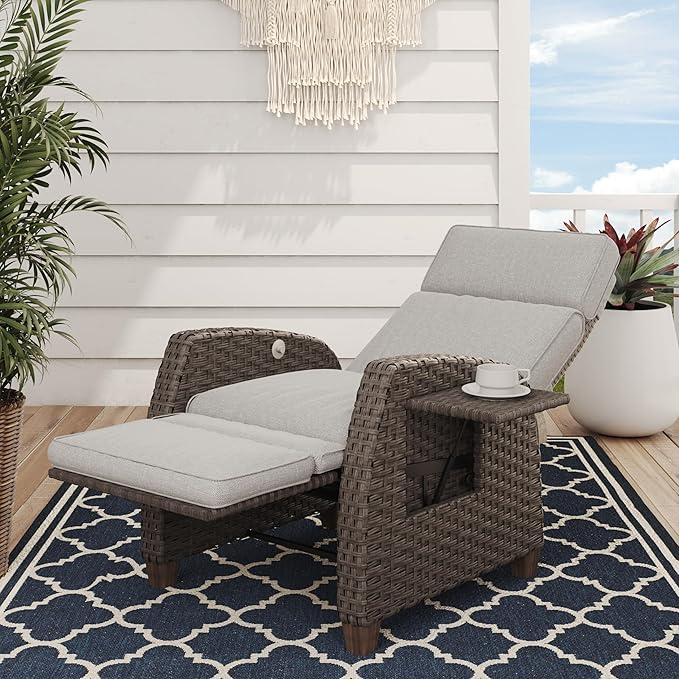 Grand patio Indoor & Outdoor Recliner Chair PE Wicker Patio Recliner with Flip Table Reclining Lounge Chair, Mist Grey - Photo 1