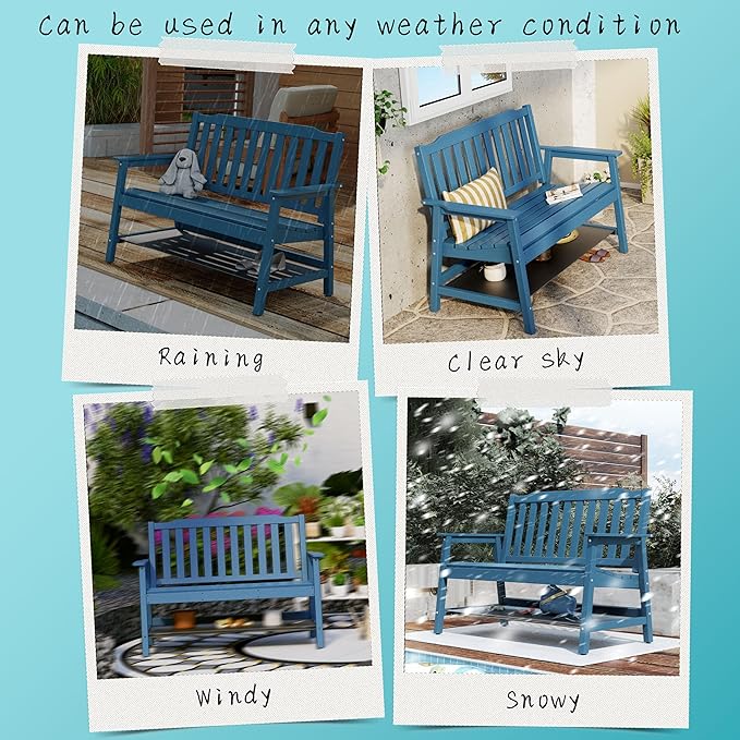Anbuy Outdoor Bench Weatherproof, 2-Person Adjustable Height Patio Bench with 660lbs Weight Capacity, Garden Potting Bench Never Rot and Fade, Comfort for Porch, Patio, Backyard and Park (Blue)