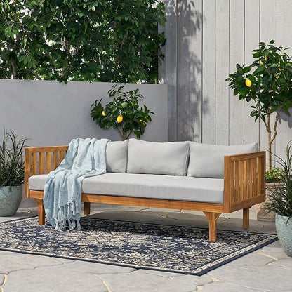 Merax Outdoor Acacia Wood Conversation Set - Patio 3-Seat Loveseat Sofa w/Coushion and Round Coffee Table for Backyard, Lawn, Balcony, Teak+Light Gray/Light Teak