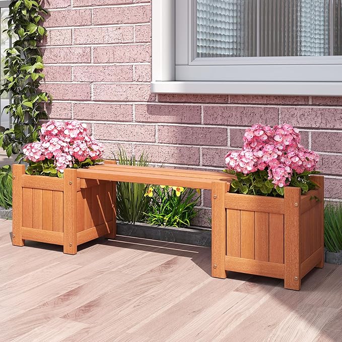 HAPPYGRILL Outdoor Bench with 2 Raised Garden Beds, 2-in-1 Outdoor Planter Box with Teak Oil Finish, Open-Ended Base, Wooden Garden Bench for Flowerpots, Indoor Patio Yard Porch Decoration (1)