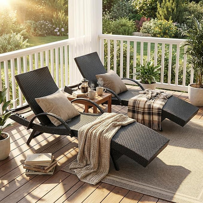 OVENTA Outdoor Wicker Patio Chaise Lounge Chair Set of 2, Black Rattan Pool Furniture Lounger for Outside Poolside Lounges, Jumbo Co Chaise Lounge Chairs, Wicker Patio Pool Furniture