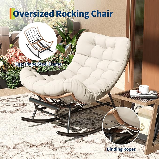 Outdoor Rocking Chair with Footrest, Oversized Patio Papasan Chairs with Cushion, Modern Lounge Rocker Chair for Indoor Living Room Garden Porch Balcony, Beige