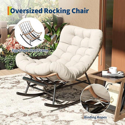 Outdoor Rocking Chair with Footrest, Oversized Patio Papasan Chairs with Cushion, Modern Lounge Rocker Chair for Indoor Living Room Garden Porch Balcony, Beige