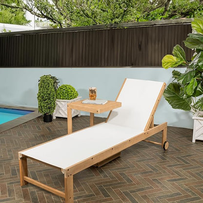 JONATHAN Y LNG1100C-2SET Trabuco Coastal Modern Acacia Wood Mesh 3-Position Outdoor Chaise Lounge Set with Side Table Transitional, Classic, Minimalist, Traditional, Contemporary, White/Light Teak