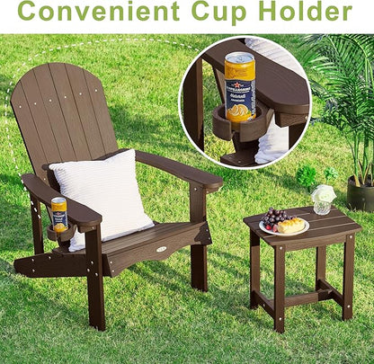 Y&M Adirondack Chair Set of 2, Dark Brown Fire Pit Chairs, Outdoor Patio Chairs with Cup Holder, Weather Resistant HDPE Wooden Textured Patio Chairs, Perfect for Garden, Lawn, Deck, or Poolside