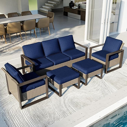 Outdoor Patio Furniture Set, 5 Piece Wicker Patio Conversation with Deep Seating, Thicken Cushions, Outdoor Club Chair, Metal Outdoor Furniture for Deck, Porch, Yard Use (Blue, 5 PCS/Chairs)