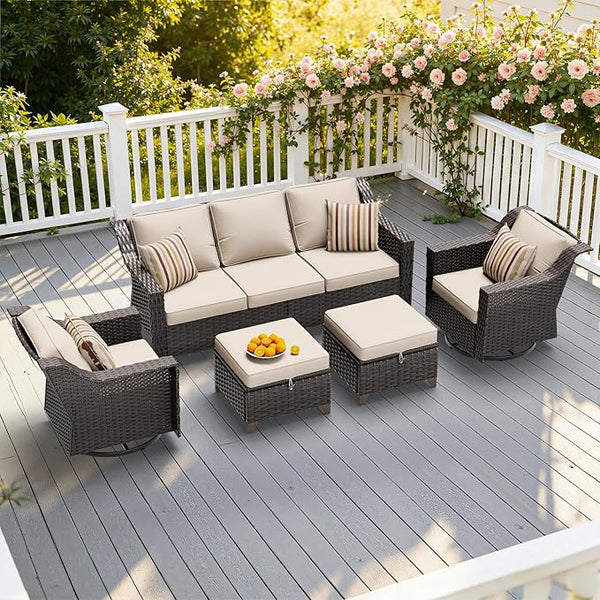 5 Pieces Patio Conversation Furniture Set - 1 Sofa, 2 Swivel Chairs, 2 Ottomans - Photo 1