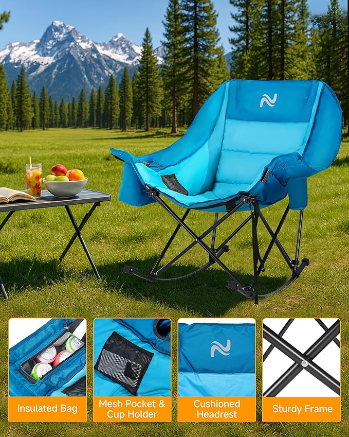 Slsy Oversized Rocking Camping Chair for Adults, 400 lbs Heavy Duty Padded Recliner with Side Pocket, Cup Holder & Carry Bag, Foldable Outdoor Lawn Chair for Patio, Backyard, or Camp