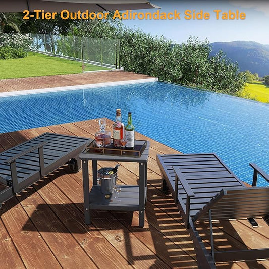 Outdoor Side Table, 17.7-Inch Small Patio End Table with Adjustable Feet, All-Weather HDPE Accent Adirondack Table for Porch Deck Balcony Poolside, Easy Maintenance, Grey