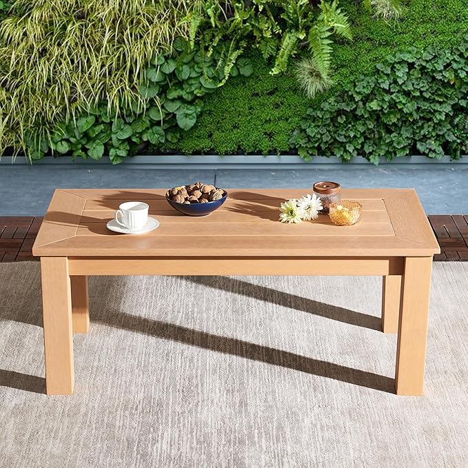 Outdoor Coffee Table Rectangle, 𝟰𝟳" Poly Lumber Patio Coffee Tables for Outside, All Weather Outdoor Coffee Tables for Patio, Garden, Balcony, Lawn, Porch, Modern Patio Table (Teak Color)