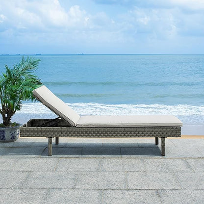 SAFAVIEH Outdoor Collection Cam Grey Wicker/Grey Cushion Adjustable Chaise Lounge Chair, Black/Beige (PAT7501B)