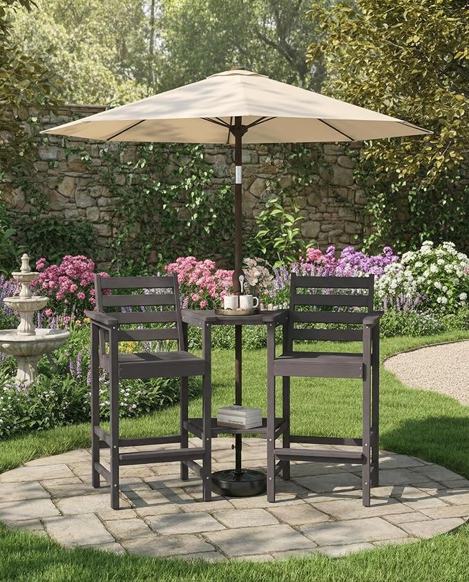 Tall Adirondack Chairs Set of 2, Bar Height HDPE Outdoor Chairs with Connecting Tray & Umbrella Hole, Balcony Patio Adirondack Chairs for Deck, Garden, Lawn (Gray)